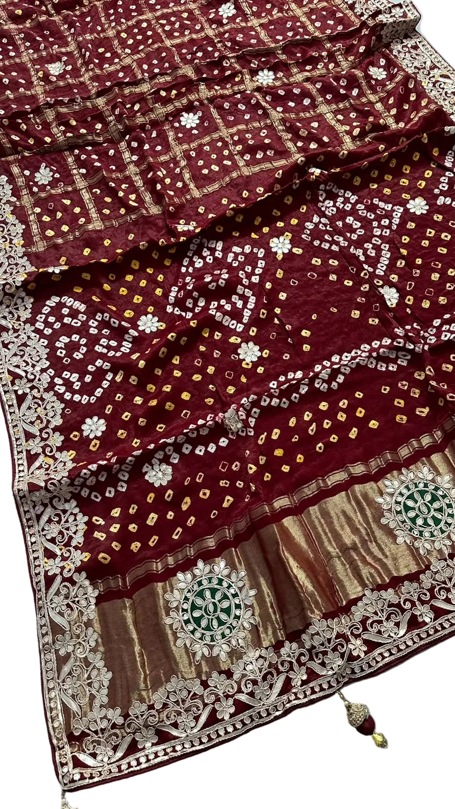 Pure Modal Gajji silk Gotta Patti Zari work Traditional Red & Maroon     Ghatchola saree
