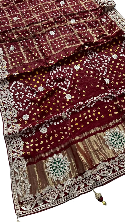 Pure Modal Gajji silk Gotta Patti Zari work Traditional Red & Maroon     Ghatchola saree