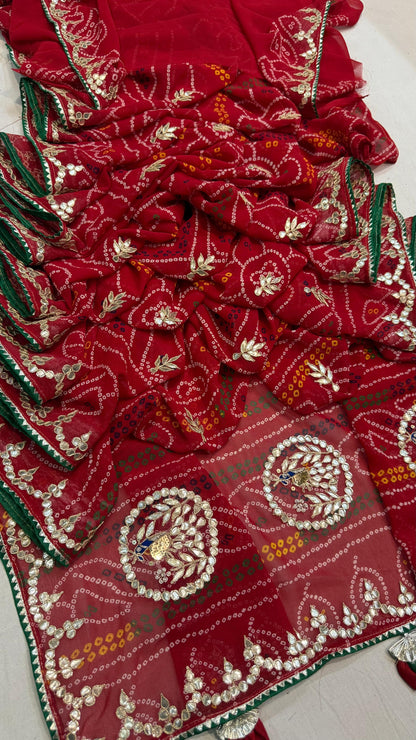 Pure Georgette Peacock Pallu Saree with Gota Patti Work – Chanderi Pilla Traditional Saree