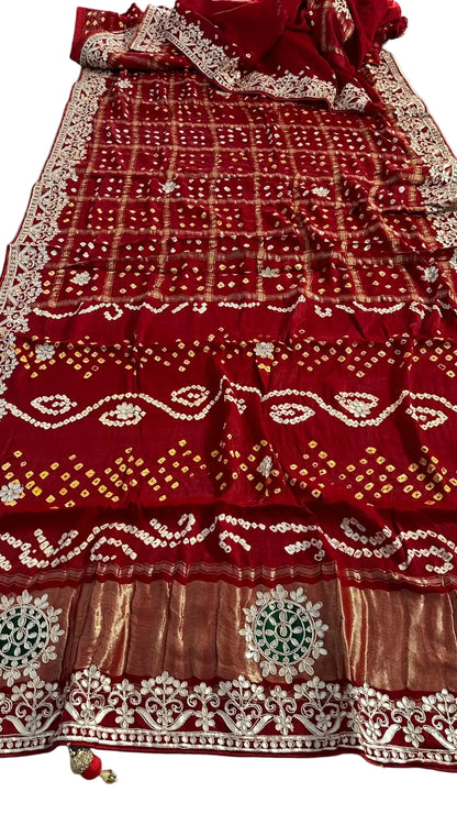 Pure Modal Gajji silk Gotta Patti Zari work Traditional Red & Maroon     Ghatchola saree