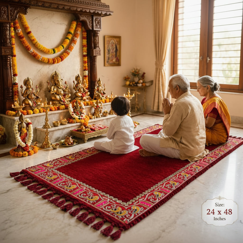 Royal Handwoven Designer Puja Mat Aasan for Mandir & Rituals | Red Yellow Prayer Mat