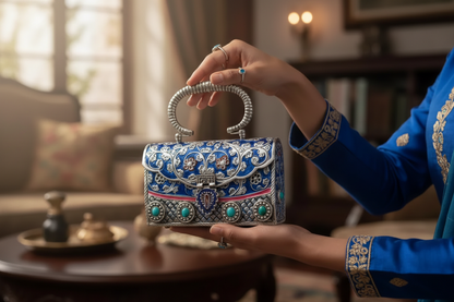 Luxury Heritage Silver Brass Clutch with Meenakari & Kundan Work | Royal Ethnic Handbag