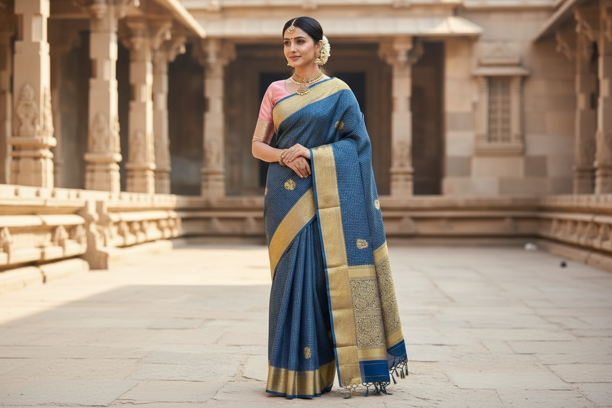 Golden Checks & Butta Pure Kanjipuram Silk Saree – Silk Mark Certified Handwoven Saree