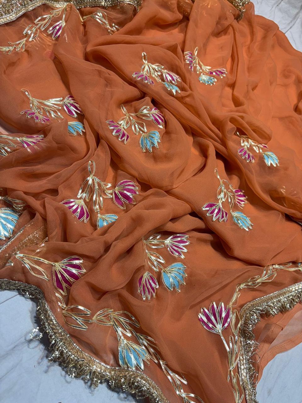 Gota Work Half Pure Chiffon Saree – Elegant Traditional Partywear Saree
