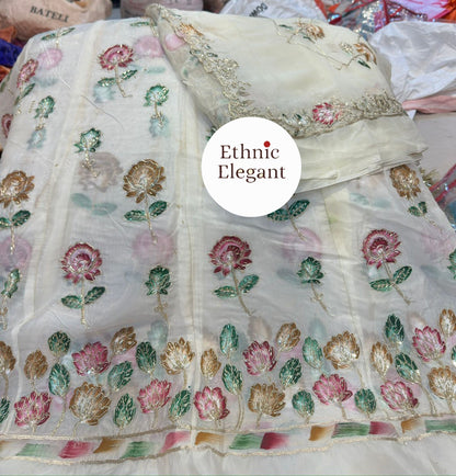 Tissue silk fabric thakurji pure odhna beautiful Peacock hand painting taara work elegant poshak