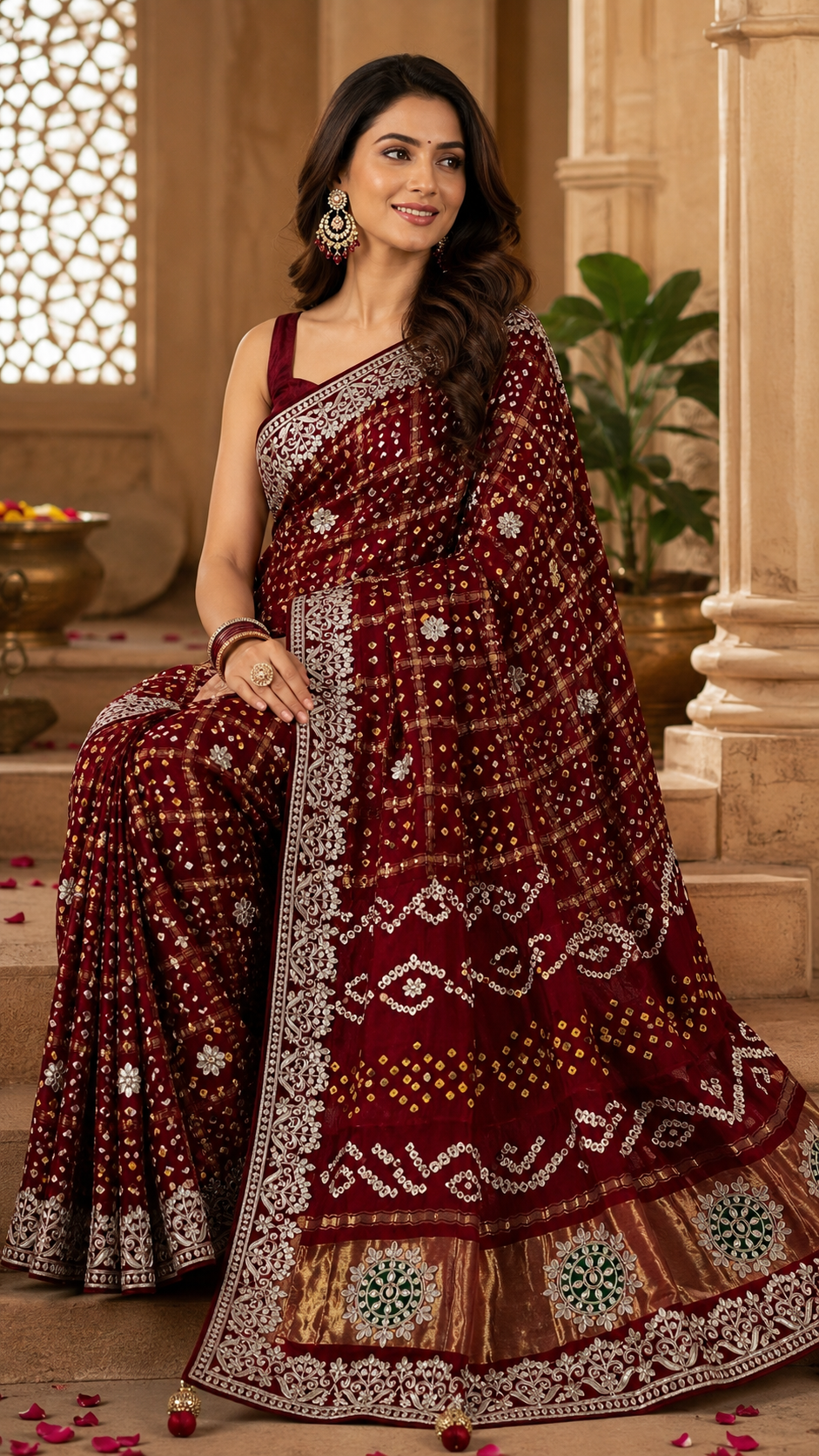 Pure Modal Gajji silk Gotta Patti Zari work Traditional Red & Maroon     Ghatchola saree