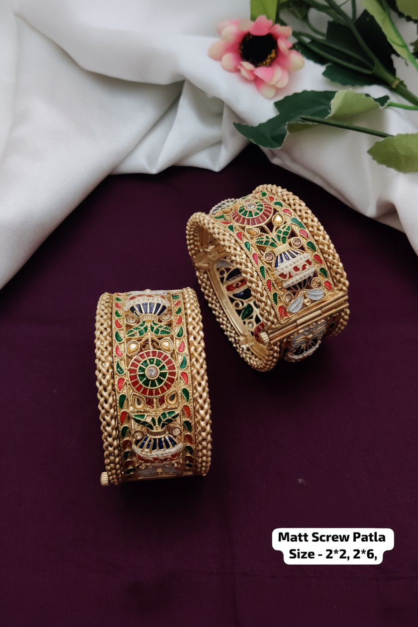 Rajwari Jadau Style Patla Bangle – Heritage Gold Plated Kada pair