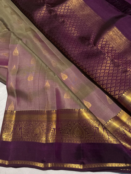Beautiful Double Shaded Golden Zari Kanjivaram Pure Silk Saree – Silk Mark Certified