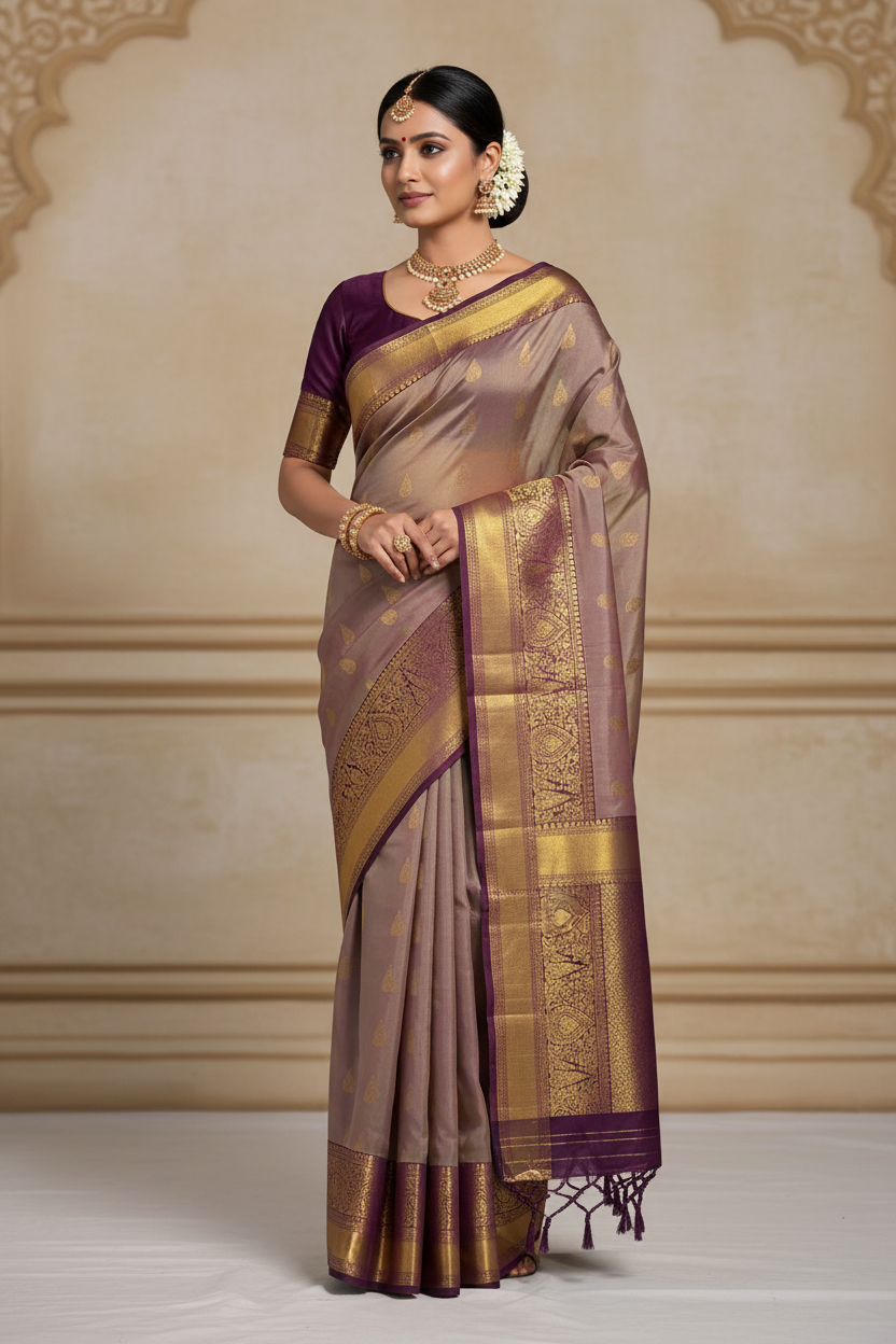 Beautiful Double Shaded Golden Zari Kanjivaram Pure Silk Saree – Silk Mark Certified