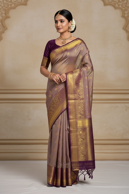 Beautiful Double Shaded Golden Zari Kanjivaram Pure Silk Saree – Silk Mark Certified
