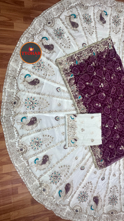 DESIGHNER 5 MTR GHER LEHNGA BANDHEJ PURE ODHNA VINTAGE POSHAK