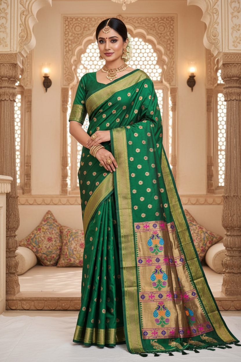 Pure Silk Paithani Saree with Maharani Pallu & Meenakari Buti – Kalanjali Collection