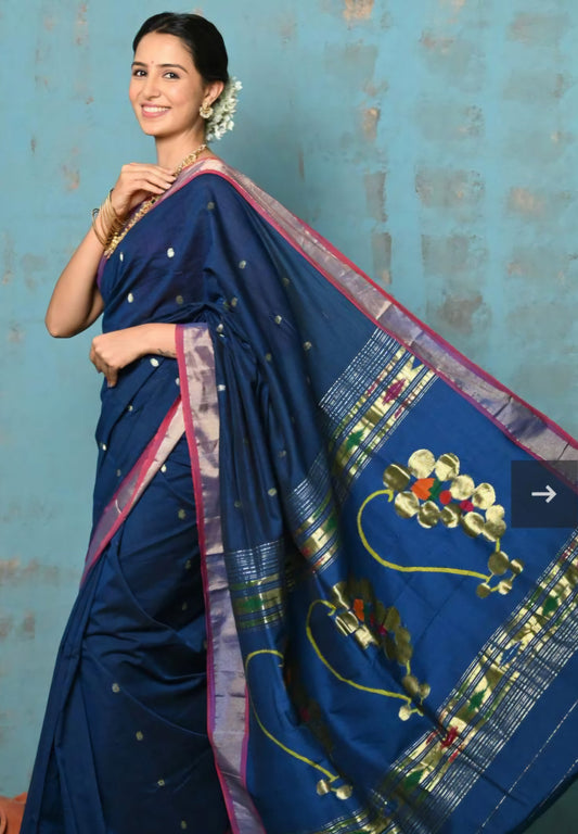 Cotton Fancy Paithani Saree – Handloom Pure Cotton with Fancy Pallu & Running Blouse