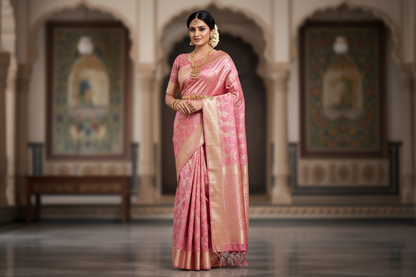 Pure Kanchipuram Silk Saree – Silk Mark Certified Pink Zari Woven Beauty