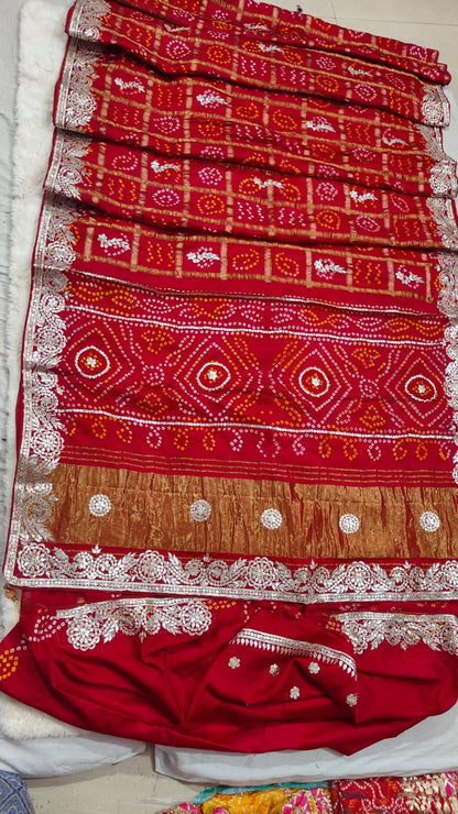 Pure Modal Gajji Silk Bandhej Saree with Heavy Zero Gota Patti Handwork