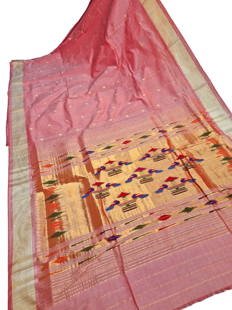 Handloom Cotton Paithani Saree – Lightweight Traditional Saree with Shoulder Butta & Pallu