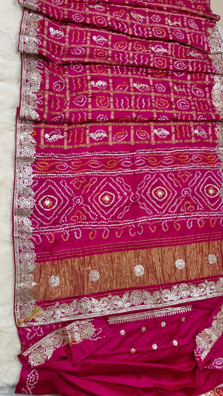Pure Modal Gajji Silk Bandhej Saree with Heavy Zero Gota Patti Handwork