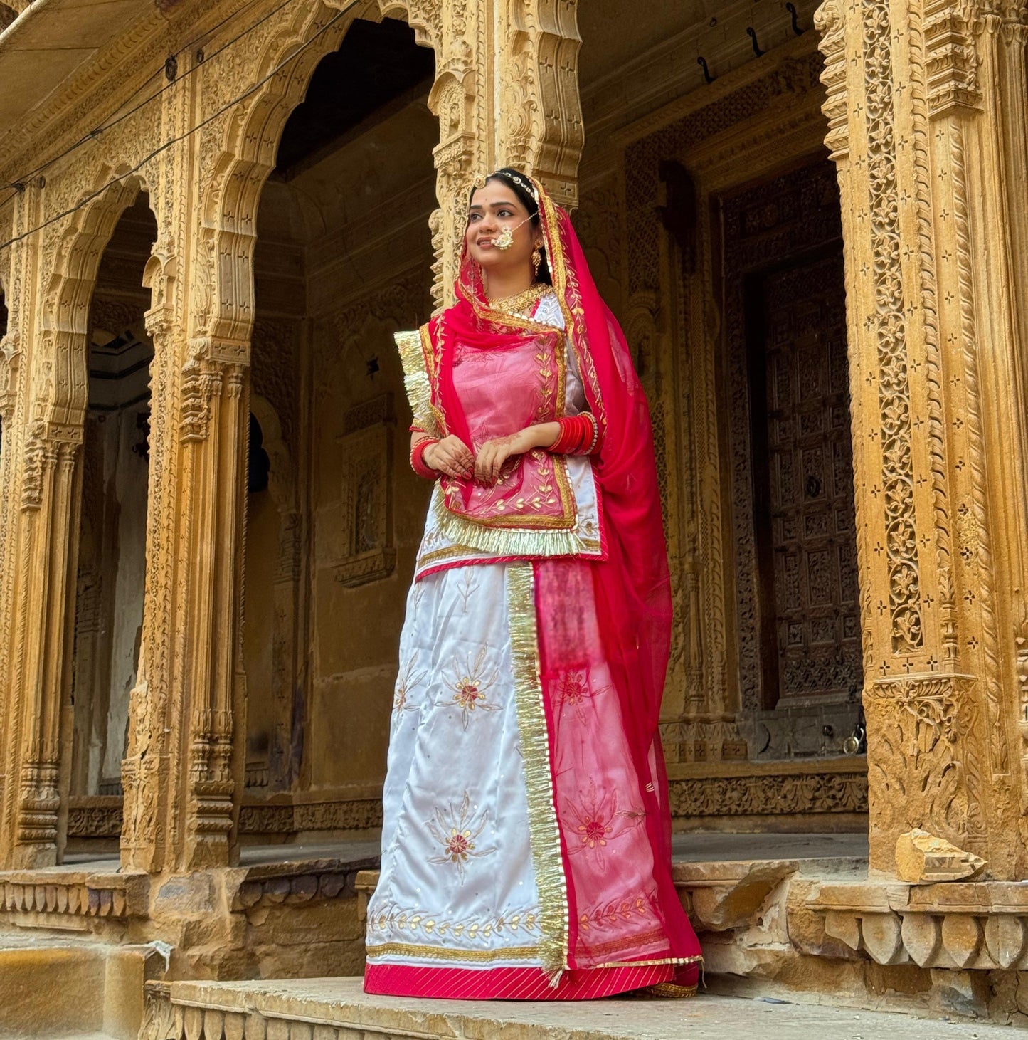 Royal Rajwadi Satin Silk Poshak – Pure Contrast Odhani with Gota Patti & Dori Work