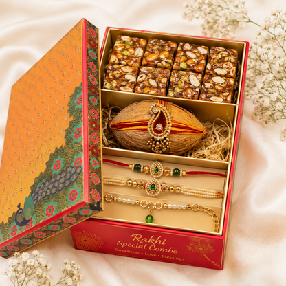 Premium Raksha Bandhan Rakhi Gift Box | Bhaiya Bhabhi Rakhi Combo with Khajoor Pak, Designer Nariyal & Roli Chawal Platter