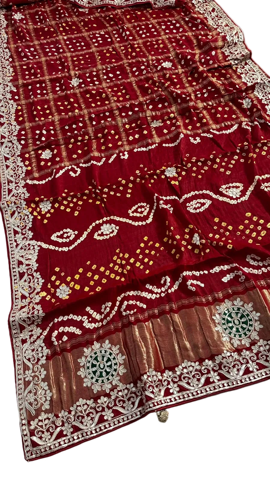 Pure Modal Gajji silk Gotta Patti Zari work Traditional Red & Maroon     Ghatchola saree