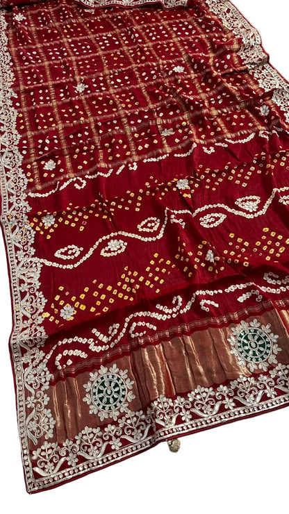 Pure Modal Gajji silk Gotta Patti Zari work Traditional Red & Maroon     Ghatchola saree