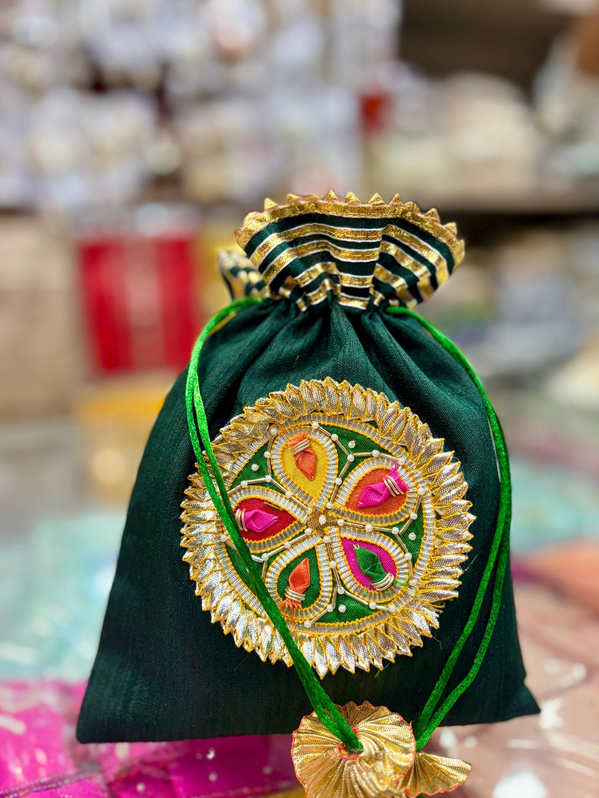 Dupion Silk Handcrafted Sagun Potli Bags – Beautiful Handwork Gift Pouches (Pack of 6, Size 7x9 Inch)