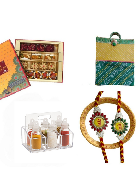 Rakshabandhan special hamper bag fill with 2 Ram Raksha kavach Rakhi sagun platter with Fancy dryfruits Mithai