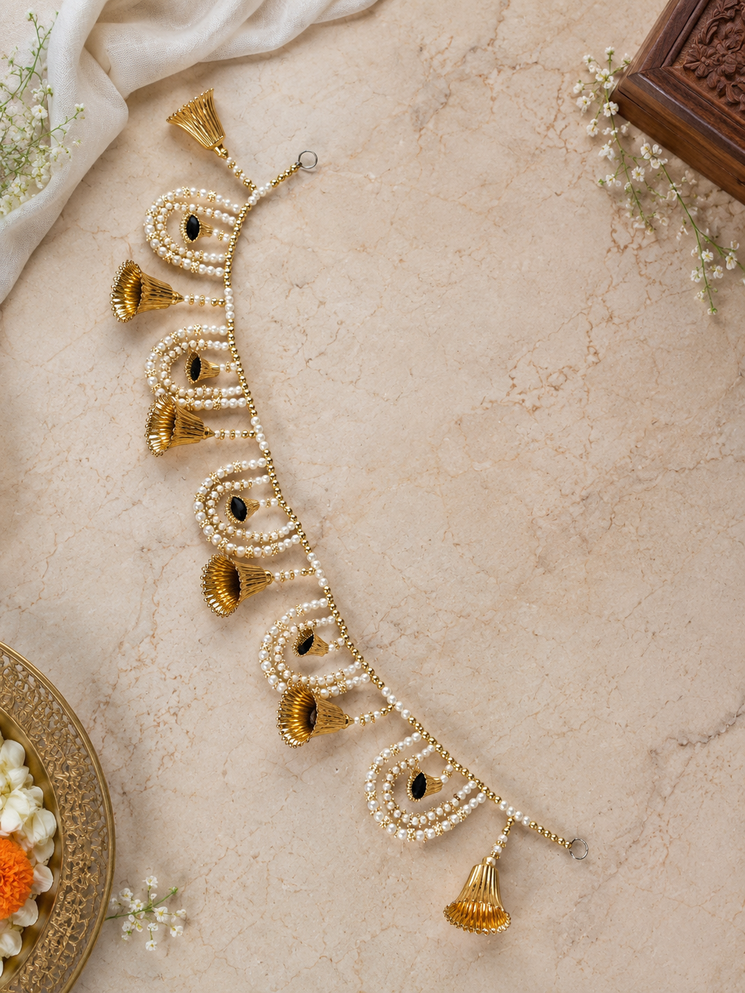 Moti /Pearl white &golden designer Ghanti/Bell  Bandarwal/Toran  37*inch