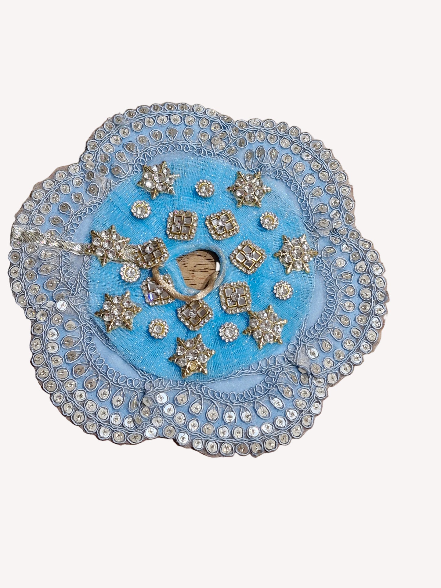 Beautiful golden jari work ladoo gopalji poshak size 6 inch