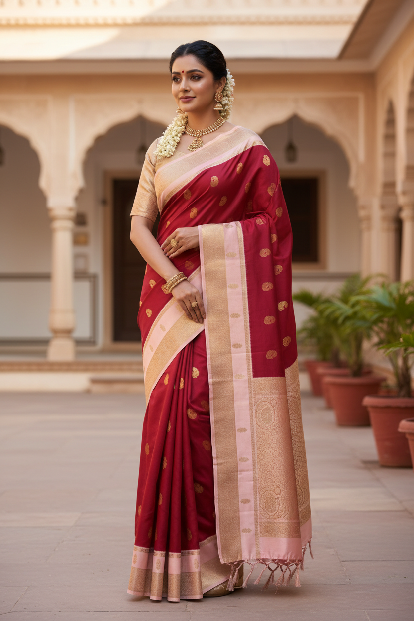 Elegant Maroon Pink Kanjivaram Pure Silk Saree with Golden Work | Silk Mark Certified Bridal Saree