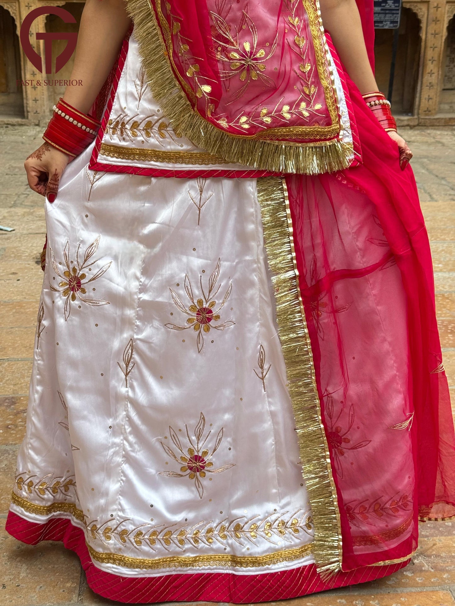 Royal Rajwadi Satin Silk Poshak – Pure Contrast Odhani with Gota Patti & Dori Work