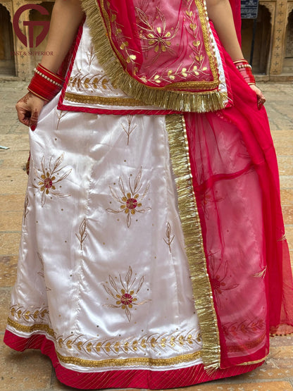 Royal Rajwadi Satin Silk Poshak – Pure Contrast Odhani with Gota Patti & Dori Work