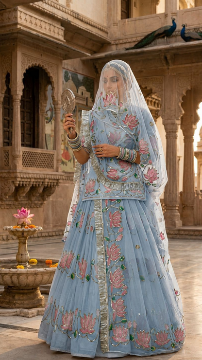 Rajputana Style Lotus Poshak | Natural Silk Handwork Designer Lehenga with Heavy Odhna