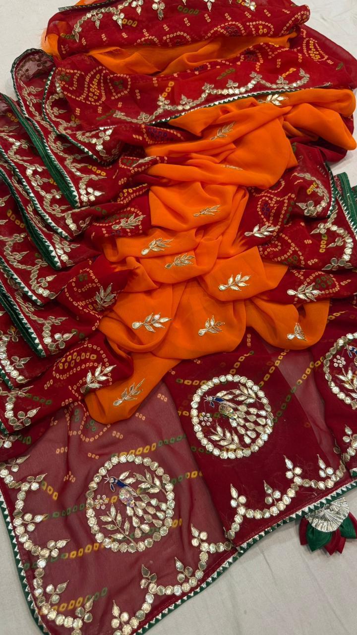Pure Georgette Peacock Pallu Saree with Gota Patti Work – Chanderi Pilla Traditional Saree