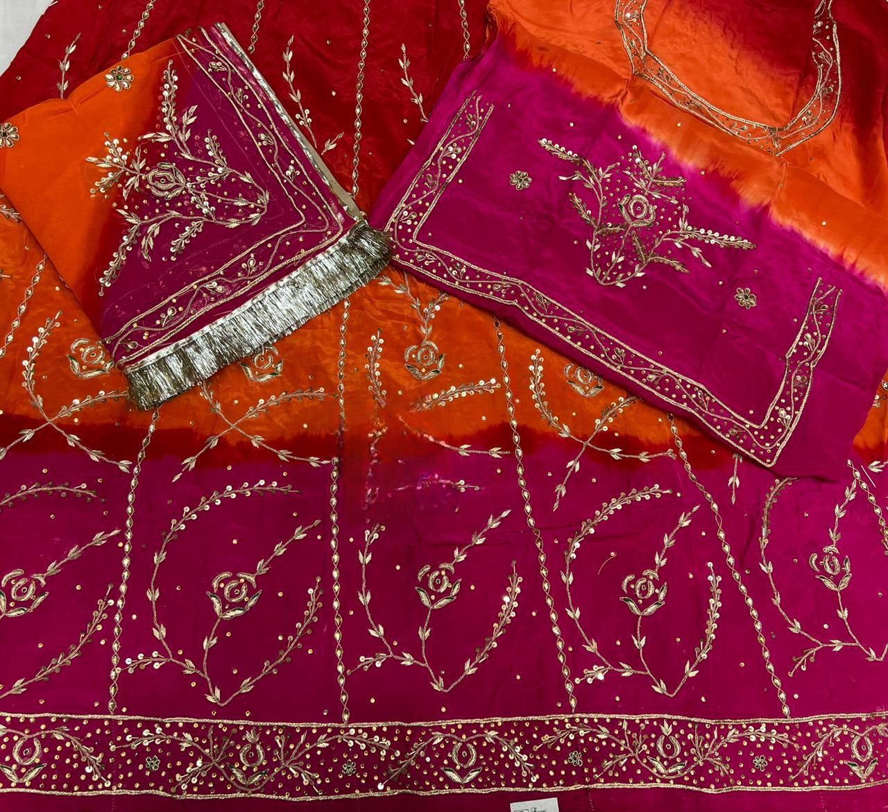 Designer 3-Shade Rajasthani Poshak in Natural Fabric – Zardozi, Dabka & Full Hand Aari Work