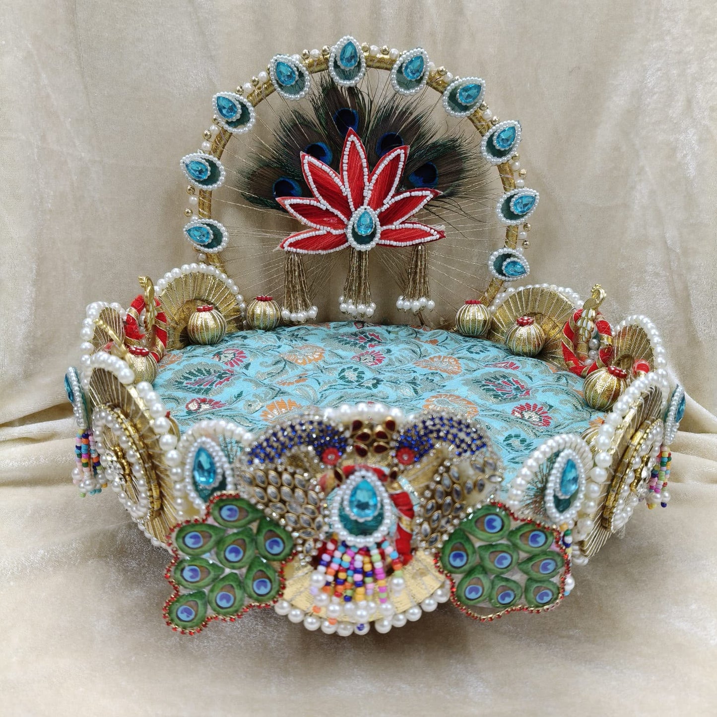 Traditional Handcrafted Festival Singhasan come with 2 cushion 1 Tilak stick for Laddu Gopal & Ganpati  size 10 inch