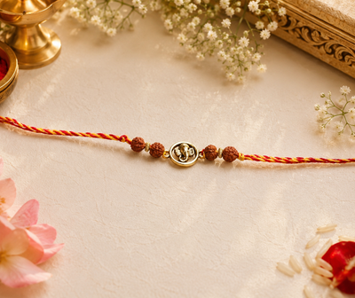 Vighnaharta Ganesh Rudraksha Auspicious Golden Rakhi