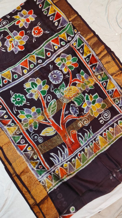 Handpainted Batik Chanderi Silk Saree – Pure Silk with Artistic Pallu & Blouse