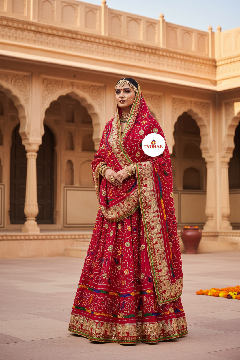 Rajasthani Red Bandhej Odhna Chunri   (code w/s)