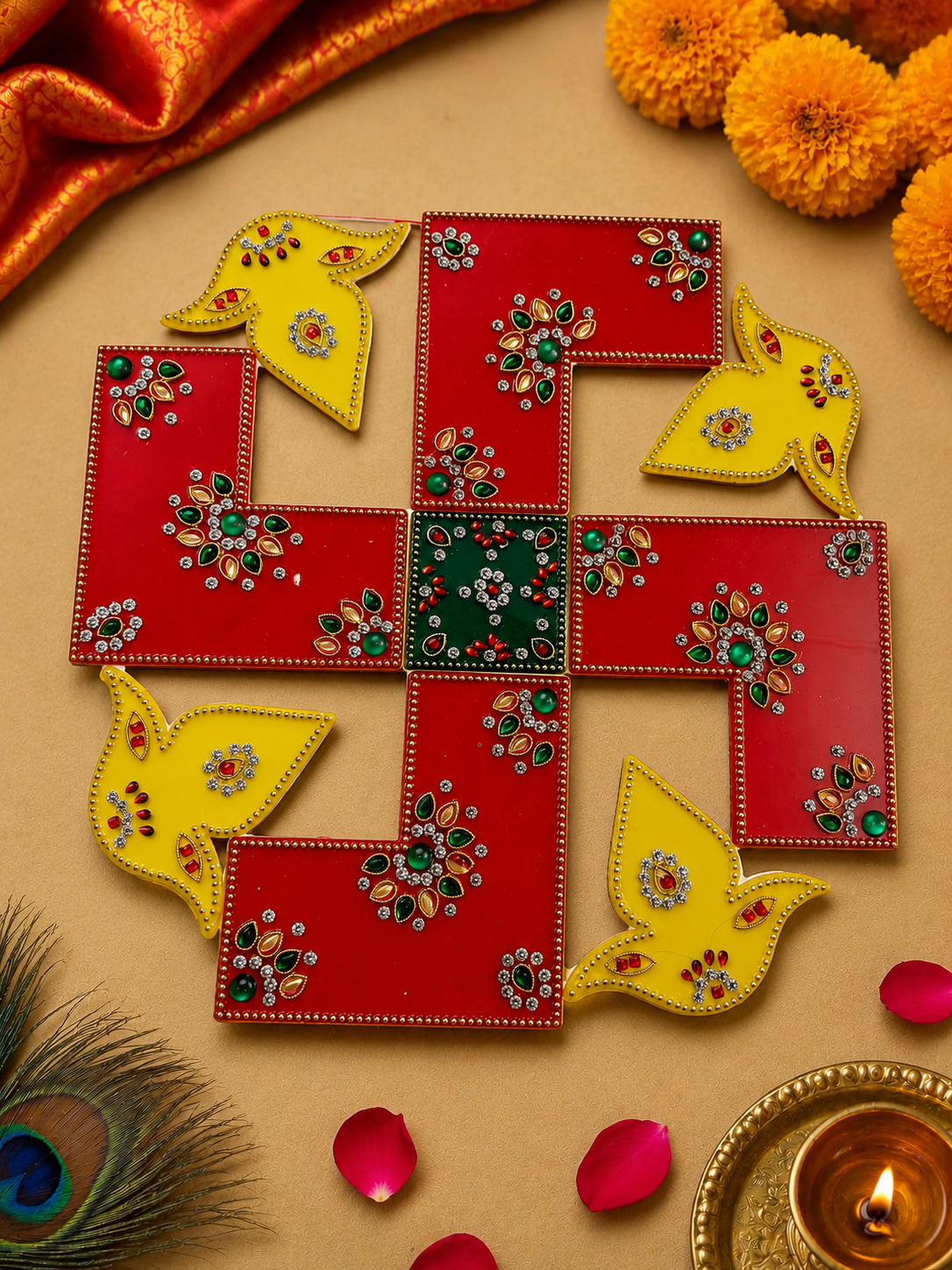 Diamond stone & beads aryclic reusable swasthik diya designer  rangoli stickers 🌹size:12*inch