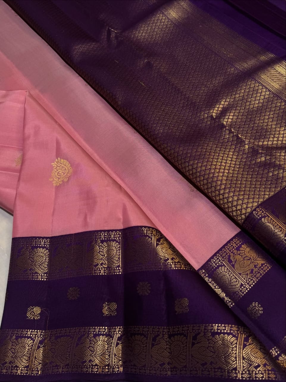 Pink & Wine Pure Kanjipuram Silk Saree with Golden Work – Silk Mark Certified