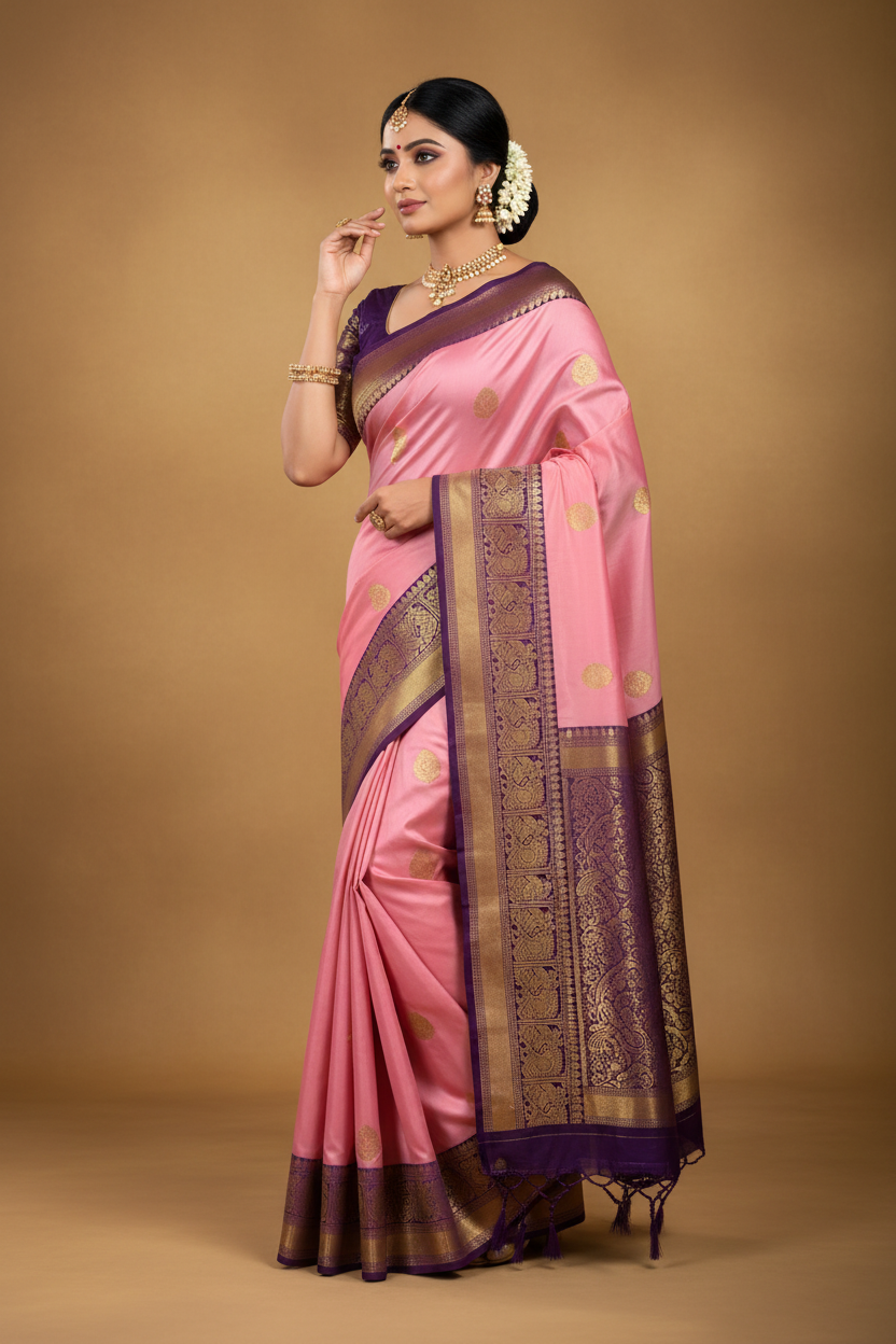 Pink & Wine Pure Kanjipuram Silk Saree with Golden Work – Silk Mark Certified