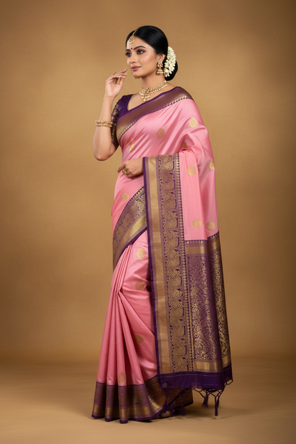 Pink & Wine Pure Kanjipuram Silk Saree with Golden Work – Silk Mark Certified