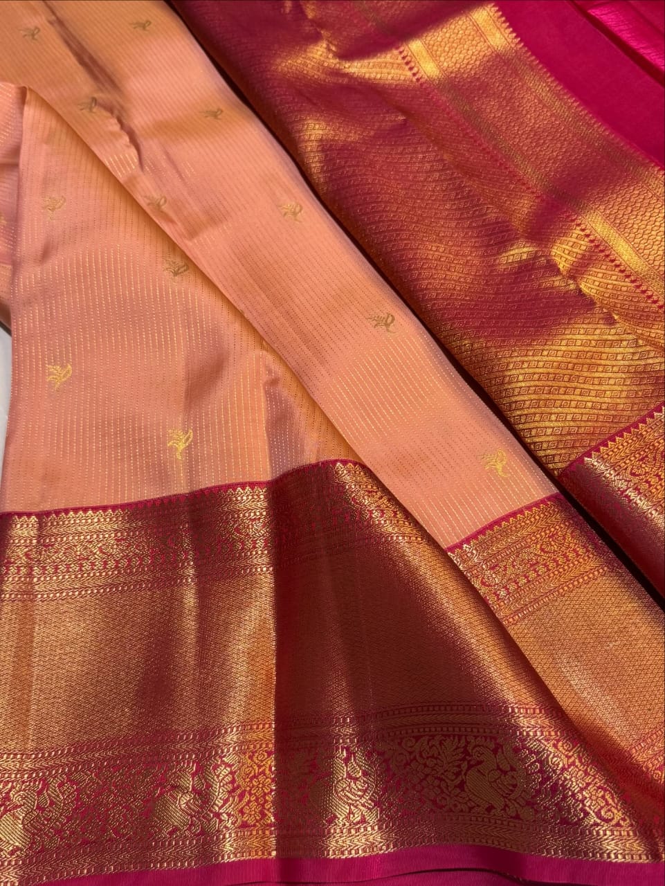 Peach & Pink Pure Kanchipuram Silk Saree with Golden Peacock Work – Silk Mark Certified