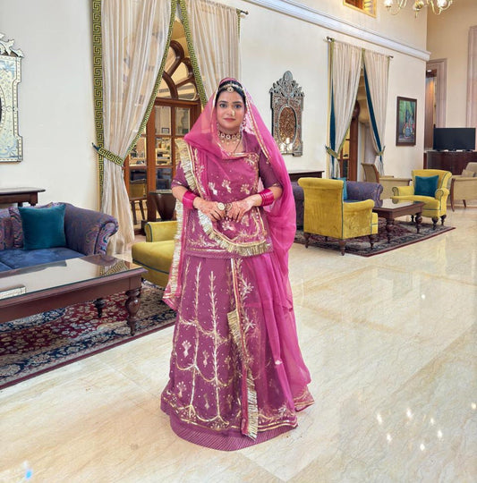 Boutique Crepe Rajputi Poshak with Pure Hamrahi Odhani – Zari Aari Handwork