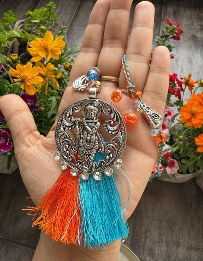 Handmade Lord Krishna Mor Pankh Oxidised Rakhi for Brother with Designer Lumba Rakhi for Bhabhi