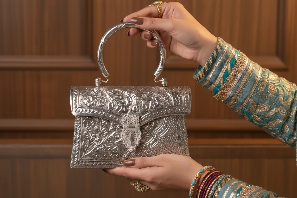 Antique Brass Silver Heritage Clutch Bag – Vintage Ethnic Designer Clutch