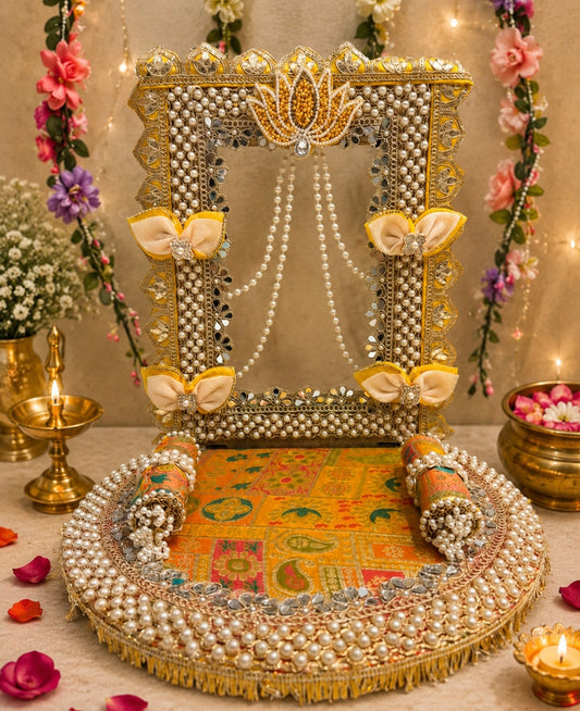 Handcrafted Festival Mandap & Singhasan for Laddu Gopal & Ganpati | Ready Temple Decoration with 2 Cushions & Tilak Stick