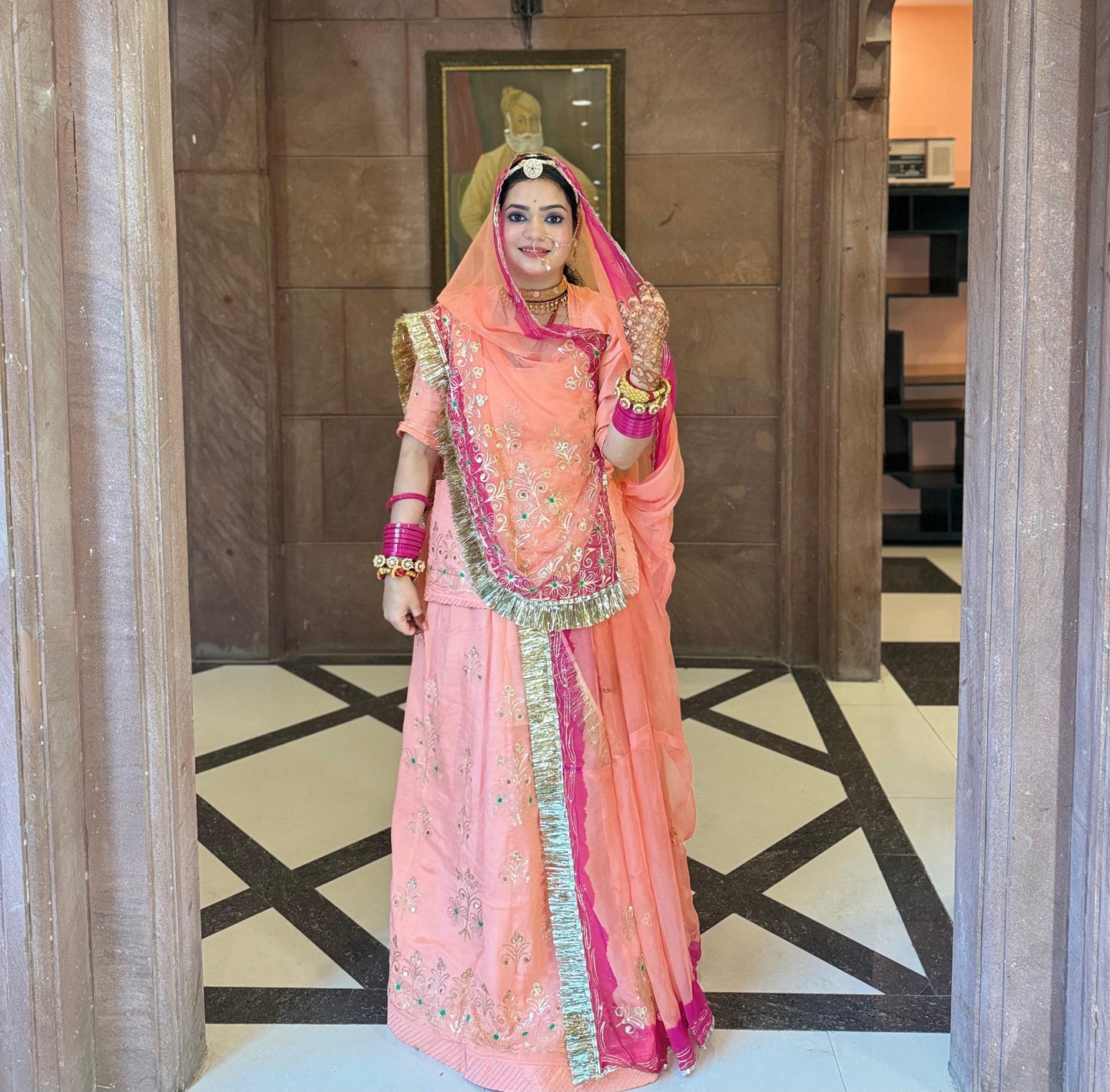 Elegant Partywear Rajputi Poshak | Upada Fabric, Kasab, Kundan & Resham Handwork