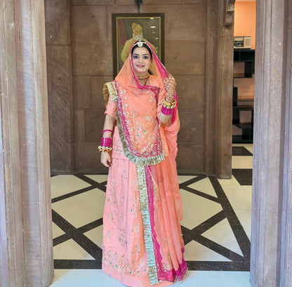 Elegant Partywear Rajputi Poshak | Upada Fabric, Kasab, Kundan & Resham Handwork
